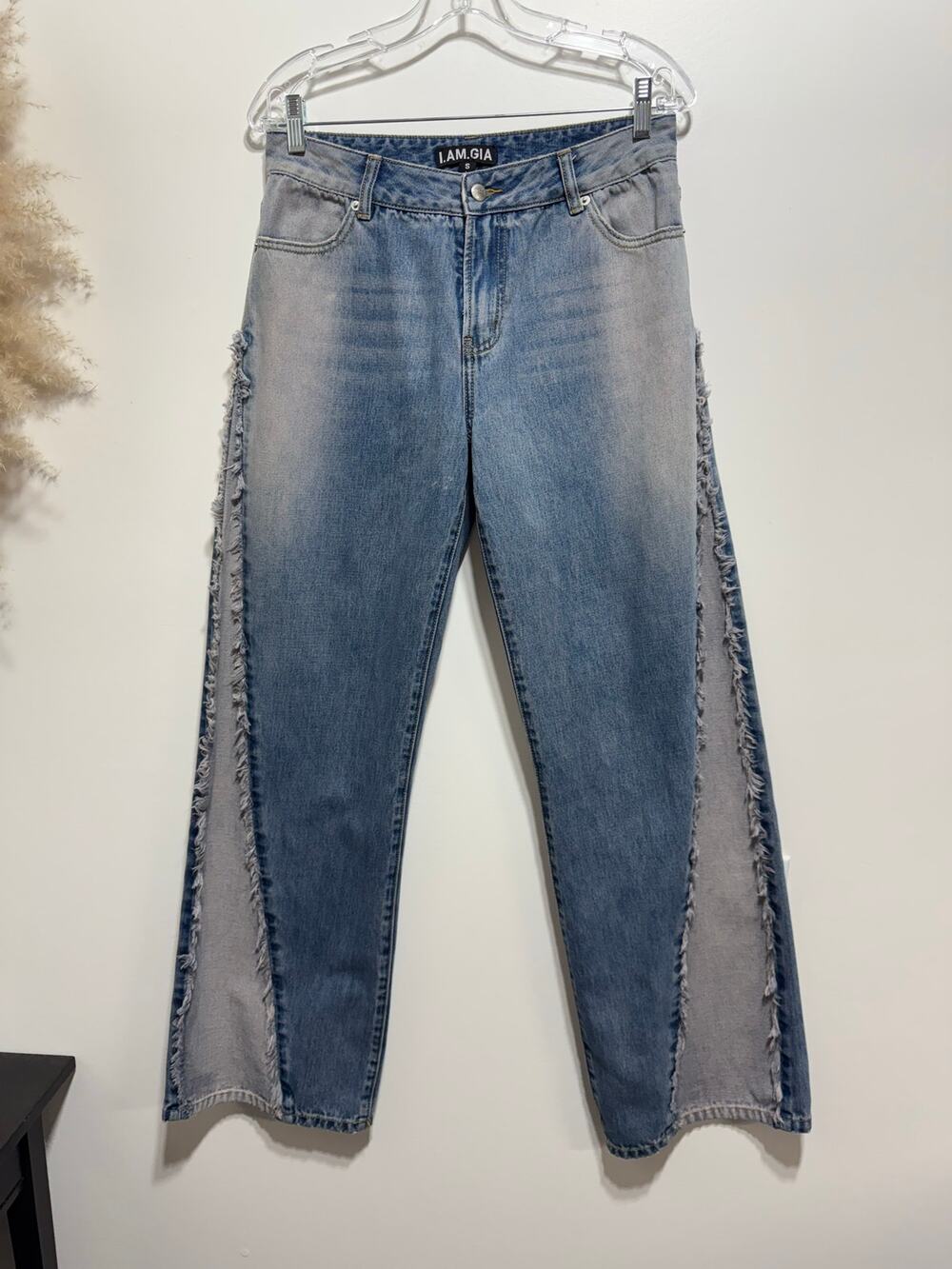 I.AM.GIA Light-Wash Frayed Panels High-Waist Wide Leg Denim Jeans Size S